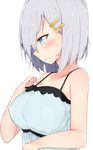  alternate_costume bare_shoulders blue_eyes blush breasts camisole closed_mouth cole collarbone covered_nipples expressionless from_side hair_ornament hair_over_one_eye hairclip hamakaze_(kantai_collection) hand_on_own_chest kantai_collection large_breasts looking_down profile short_hair silver_hair simple_background solo sweatdrop white_background 