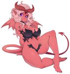  big_breasts breasts clothing collar colored_sclera female hair horn humanoid navel pink_hair pointed_tail pointy_ears purple_eyes simple_background slugbox solo succubus torn_clothing white_background 