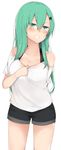  :d black_shorts blue_eyes breasts casual cleavage cole collarbone cowboy_shot green_hair grin hair_between_eyes hair_ornament hairclip head_tilt highres kantai_collection long_hair looking_at_viewer medium_breasts off-shoulder_shirt open_mouth pocket shirt shirt_tug shorts simple_background smile solo suzuya_(kantai_collection) teeth white_background white_shirt 