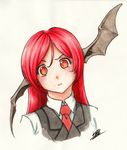  bat_wings blush closed_mouth commentary ears face head_tilt head_wings isaki_tanaka koakuma long_hair looking_at_viewer necktie portrait raised_eyebrow red_eyes red_hair signature simple_background slit_pupils solo touhou traditional_media vest wings 