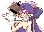  aori_(splatoon) bar_censor black_hair censored detached_collar domino_mask earrings fangs food food_on_head from_side gloves jewelry kinoko_no_yama licking long_hair mask mole mole_under_eye mushroom object_on_head open_mouth phallic_symbol pointy_ears seki_(red_shine) sexually_suggestive solo splatoon_(series) splatoon_1 tentacle_hair upper_body white_gloves 