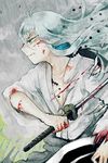  beads blood bloody_clothes bloody_weapon blue_eyes blue_hair clenched_teeth injury japanese_clothes katana kousetsu_samonji kurosuke_(hipparu) male_focus solo sword teeth torn_clothes touken_ranbu weapon 