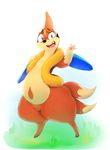  2016 ambiguous_gender black_eyes black_nose brown_fur featureless_crotch fin floatzel fur green_background hi_res looking_at_viewer multi_tail musikalgenius nintendo nude open_mouth pok&eacute;mon simple_background smile solo teeth thick_thighs tongue video_games white_background wide_hips 