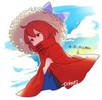  bad_id bad_twitter_id bow cape cape_tug cloud hat hat_bow red_eyes red_hair sekibanki short_hair solo straw_hat sweatdrop tori_(otori) touhou twitter_username upper_body 