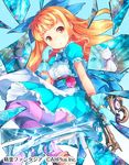  :&lt; blonde_hair blue_bow blue_dress blue_eyes blue_gloves blush bow cat company_name copyright_name dress flower glass_shards gloves hair_bow highres holding holding_sword holding_weapon long_hair matsuuni parted_lips puffy_short_sleeves puffy_sleeves red_flower red_rose reflection rose seirei_fantasia short_sleeves solo striped striped_legwear sword thighhighs watermark weapon 