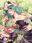  :d arrancar bleach breasts cleavage closed_eyes dondochakka_birstanne dress dual_persona facial_mark flower food fruit green_hair hair_flower hair_ornament large_breasts long_hair muku_(midoriiro) multiple_girls nelliel_tu_odelschwanck open_mouth pesche_guatiche rose short_hair skull smile strawberry yellow_eyes 