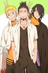  &gt;:( bandaged_hands bandages black_eyes black_hair black_pants black_shirt blonde_hair blue_eyes cloak closed_mouth collarbone facial_hair frown goatee grin hair_over_one_eye hands_in_pockets looking_at_viewer male_focus multiple_boys nara_shikamaru naruto naruto_(series) naruto_shippuuden open_clothes open_shirt orange_shirt pants purple_shirt ring_necklace shirt smile standing uchiha_sasuke uzumaki_naruto v v-shaped_eyebrows whisker_markings white_shirt yu_(yuririnta) 