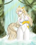  anthro areola big_breasts breasts canine female harnny hi_res mammal navel nipples nude pussy smile solo standing waterfall wide_hips wolf 