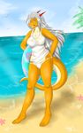 anthro beach clothed clothing dragon fangs female hands_on_hips harnny looking_at_viewer open_mouth seaside solo standing teeth tongue 