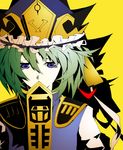  arikanrobo blue_eyes blue_vest commentary_request green_hair hat hat_ornament hat_ribbon long_sleeves looking_down red_ribbon ribbon rod_of_remorse shiki_eiki simple_background solo touhou upper_body vest white_ribbon yellow_background 