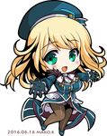  2016 artist_name atago_(kantai_collection) beret blonde_hair breasts chibi dated full_body gloves green_eyes green_gloves hat kantai_collection large_breasts long_hair makokb military military_uniform open_mouth pantyhose smile solo transparent_background uniform 