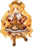  blonde_hair boots brown_dress brown_eyes brown_footwear butter double_bun dress food fork frills full_body highres kneehighs long_hair makokb morinaga_(brand) open_mouth original pancake ribbon smile solo standing standing_on_one_leg striped striped_legwear twintails very_long_hair 