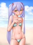  ^jj^ beach bikini day flat_chest highres hoshino_ruri kidou_senkan_nadesico long_hair purple_hair standing swimsuit twintails yellow_eyes 