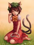  ;d animal_ears barefoot bow bowtie brown_eyes brown_hair cat_ears cat_girl cat_tail chen commentary dress error fang full_body hat head_wreath jewelry kneeling looking_at_viewer mob_cap multiple_tails nekomata one_eye_closed open_mouth paw_pose puffy_short_sleeves puffy_sleeves red_dress short_hair short_sleeves single_earring sleepingfox smile solo tail touhou two_tails wrong_feet yellow_bow yellow_neckwear 