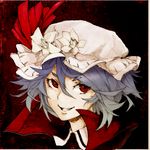  &gt;:) arikanrobo blue_hair colored_pencil_(medium) commentary_request flower grin hat hat_flower hat_ribbon high_collar looking_at_viewer mob_cap portrait red_eyes red_ribbon remilia_scarlet ribbon short_hair smile solo touhou traditional_media v-shaped_eyebrows 