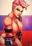  armband atryl breasts gauntlets green_eyes highres large_breasts looking_at_viewer mohawk muscle muscular_female nipples nude overwatch pink_hair puffy_nipples short_hair smile solo tattoo undercut very_short_hair zarya_(overwatch) 