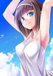  arms_up blue_sky breasts cloud day hairband imada_kozue medium_breasts original sky smile solo tank_top upper_body 