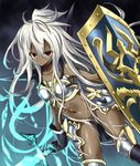  bare_shoulders black_gloves dark_skin empty_eyes gloves granblue_fantasy greaves hair_censor long_hair navel no_panties open_mouth red_eyes shield solo topknot ugatsu_matsuki very_long_hair white_hair zooey_(granblue_fantasy) 