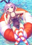  alternate_hair_color gradient_hair green_eyes hairband highres hoshino_yura innertube kantai_collection lying multicolored_hair one-piece_swimsuit school_swimsuit shimakaze_(kantai_collection) solo striped striped_legwear swimsuit water 