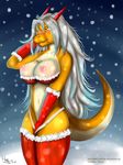  anthro areola arm_warmers big_breasts bra breasts christmas clothed clothing dragon female harnny holidays legwear navel nipples outside panties skimpy snow solo standing thigh_highs underwear 