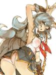  :o animal_ears arm_up armpits ass black_skirt blue_hair braid brown_eyes brown_gloves earrings erune ferry_(granblue_fantasy) fox_ears from_behind from_below gloves gorirago granblue_fantasy jewelry long_hair looking_at_viewer looking_back looking_down open_mouth panties simple_background single_braid skirt solo underwear upskirt very_long_hair white_background white_panties yellow_eyes 