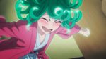  1girl animated animated_gif blush eyes_closed green_hair japanese_clothes one-punch_man open_mouth smile solo tatsumaki 
