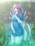  2015 anthro big_ears big_tail blue_body bottomless breasts clothed clothing covering covering_self detailed_background eyebrows female fin flower front_view gastropod glowing goo grin hair hand_on_chest happy holding_object horn invalid_tag long_hair long_tail looking_at_viewer lysergide magic magic_user multicolored_eyes nature nudibranch outside pacentali partially_clothed partially_submerged pink_hair plant portrait rainbow_eyes rose sea_slug signature slug smile spirit standing stare straight_hair swamp tentacles thick_tail through_hair translucent water 