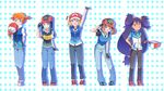  :d :o arm_behind_back arm_up baseball_cap blue_eyes blue_hair brown_eyes brown_hair cosplay dark_skin denim fingerless_gloves frown gloves green_eyes hand_on_headwear hand_up haruka_(pokemon) hat hat_removed headwear_removed hikari_(pokemon) holding holding_hat iris_(pokemon) jacket jeans kasumi_(pokemon) kawashimo leaning_forward long_hair multiple_girls one_eye_closed open_mouth orange_hair pants pokemon pokemon_(anime) pokemon_(classic_anime) pokemon_ag pokemon_bw_(anime) pokemon_dp_(anime) pokemon_xy_(anime) polka_dot polka_dot_background purple_hair salute satoshi_(pokemon) satoshi_(pokemon)_(cosplay) serena_(pokemon) short_hair side_ponytail smile very_long_hair vest 