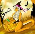 anthro areola breasts clothing dragon female food fruit gloves halloween harnny hat hi_res holidays kneeling nipples nude outside pumpkin solo witch_hat 
