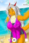  anthro beach big_breasts breasts clothed clothing dragon female harnny hi_res looking_at_viewer outside seaside selfie smile solo swimsuit tongue tongue_out 