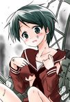  blush breasts green_eyes green_hair kantai_collection machinery medium_breasts mogami_(kantai_collection) neckerchief school_uniform serafuku short_hair smoke solo torn_clothes ugatsu_matsuki 