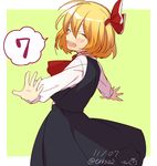  ascot bad_id bad_twitter_id blonde_hair blouse blush bow closed_eyes dated fang hair_bow open_mouth outstretched_arms rumia short_hair skirt skirt_set smile solo speech_bubble tori_(otori) touhou twitter_username vest 