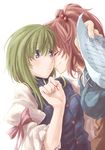  blue_eyes green_hair kiss kitsune_maru multiple_girls onozuka_komachi red_hair ribbon shiki_eiki touhou two_side_up yuri 