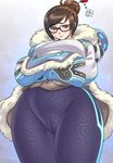  beads brown_hair cameltoe fur_trim glasses hair_bun hair_ornament hair_stick jacket mei_(overwatch) overwatch shirt_lift solo taka-michi thick_thighs thighs 