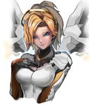  blonde_hair blue_eyes bodysuit breasts high_ponytail kumiko_shiba looking_at_viewer mechanical_halo mechanical_wings medium_breasts mercy_(overwatch) overwatch short_hair smile solo upper_body wings 