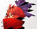  arikanrobo cape chain commentary_request covered_mouth embellished_costume hair_between_eyes hair_ribbon high_collar looking_at_viewer portrait profile purple_ribbon red_eyes red_hair ribbon sekibanki short_hair solo touhou 