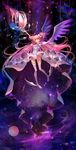  arrow asanogawa_(tutufcc) ass_visible_through_thighs bad_id bad_pixiv_id bow_(weapon) breasts constellation dress flower frown hair_ribbon highres kaname_madoka long_hair magical_girl mahou_shoujo_madoka_magica pink_hair ribbon rose shoes small_breasts solo star star_(sky) thighhighs ultimate_madoka very_long_hair weapon white_legwear winged_shoes wings yellow_eyes 