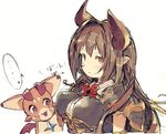 1girl armor black_hair bouncing_breasts bow breastplate breasts covered_nipples dragon draph forte_(shingeki_no_bahamut) gorirago granblue_fantasy hair_intakes horns impossible_armor impossible_clothes long_hair medium_breasts pointy_ears red_bow red_eyes speech_bubble spoken_ellipsis upper_body vee_(granblue_fantasy) 