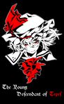  &gt;:) arikanrobo ascot black_background commentary_request english fang hair_between_eyes hat hat_ribbon looking_at_viewer mob_cap monochrome portrait red_eyes remilia_scarlet ribbon short_hair smile solo spot_color touhou tsurime v-shaped_eyebrows 