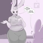  anthro blush breasts dialogue duo english_text female itsunknownanon lagomorph larger_female male mammal mature_female open_mouth rabbit size_difference smaller_male smile speech_bubble suggestive sweat sweatdrop text wide_hips 