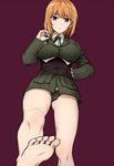  ass_visible_through_thighs banned_artist barefoot black_panties blue_eyes blush brave_witches breasts corset feet from_below gundula_rall hand_on_hip large_breasts military military_uniform new_yukuyon orange_hair panties pov_feet purple_background short_hair soles solo standing standing_on_one_leg toes underwear uniform world_witches_series 