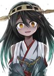  bare_shoulders black_hair empty_eyes hairband haruna_(kantai_collection) kantai_collection long_hair looking_at_viewer open_mouth smile solo ugatsu_matsuki upper_body v yandere yellow_eyes 