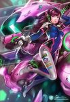  bodysuit breasts brown_eyes brown_hair d.va_(overwatch) facial_mark gloves gun headphones long_hair md5_mismatch mecha medium_breasts meka_(overwatch) na_young_lee overwatch pilot_suit resized skin_tight solo upscaled weapon whisker_markings white_gloves 