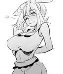  1girl blush breasts haruka_(pokemon) large_breasts looking_at_viewer monochrome pokemon v winking 