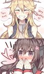  !! 2girls 2koma bare_shoulders blonde_hair blush brown_hair comic commentary covering_mouth english eyes_closed flower grin hair_flower hair_ornament hand_over_own_mouth hands_over_mouth heart highres iowa_(kantai_collection) kantai_collection kvlen long_hair multiple_girls purple_eyes smile tears yamato_(kantai_collection) yuri 