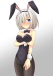  alternate_costume animal_ears bare_shoulders black_bow black_neckwear blue_eyes blush bow bowtie breasts bunny_ears bunny_girl bunnysuit covered_navel cross_(crossryou) detached_collar fake_animal_ears hair_ornament hair_over_one_eye hairclip hamakaze_(kantai_collection) highres kantai_collection large_breasts looking_at_viewer pantyhose short_hair silver_hair solo wrist_cuffs 