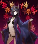 black_hair blush breasts covered_nipples fate/grand_order fate_(series) horns japanese_clothes kimono leaf looking_at_viewer maple_leaf medium_breasts navel oni oni_horns open_clothes open_kimono purple_eyes shuten_douji_(fate/grand_order) smile solo sud_(sudea) 