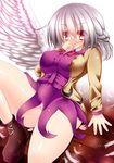  amethyst ankle_boots arm_at_side arm_support bare_legs boots bow bowtie breasts brooch brown_footwear covered_navel covering_face dress eyebrows eyebrows_visible_through_hair feathered_wings gem hand_up jewelry kishin_sagume knee_up large_breasts long_sleeves looking_at_viewer moura_(kenyuugetu) no_pupils panties pink_panties purple_dress red_bow red_eyes red_neckwear short_dress short_hair silver_hair single_wing solo thick_thighs thighs touhou underwear upskirt white_wings wings 