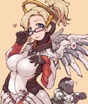  1girl 3_3 :p ape bespectacled blonde_hair borrowed_garments breasts glasses gorilla heart high_ponytail ibukichi large_breasts mechanical_halo mechanical_wings mercy_(overwatch) no_eyewear overwatch ponytail power_armor short_hair tongue tongue_out wings winston_(overwatch) yellow_eyes 