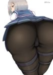  ass ass_focus back bent_over black_legwear blue_eyes blue_skirt crotch_seam erimiko from_behind from_below grey_hair hair_ornament hairclip hamakaze_(kantai_collection) kantai_collection looking_at_viewer miniskirt panties panties_under_pantyhose pantyhose pleated_skirt profile puffy_sleeves school_uniform serafuku short_hair silver_hair simple_background skirt solo thick_thighs thigh_strap thighs twitter_username underwear upskirt white_background 